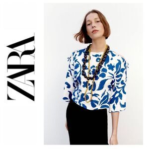 NWT Zara Linen Blend Printed Top with Bows in Ecru & Blue, Size XS